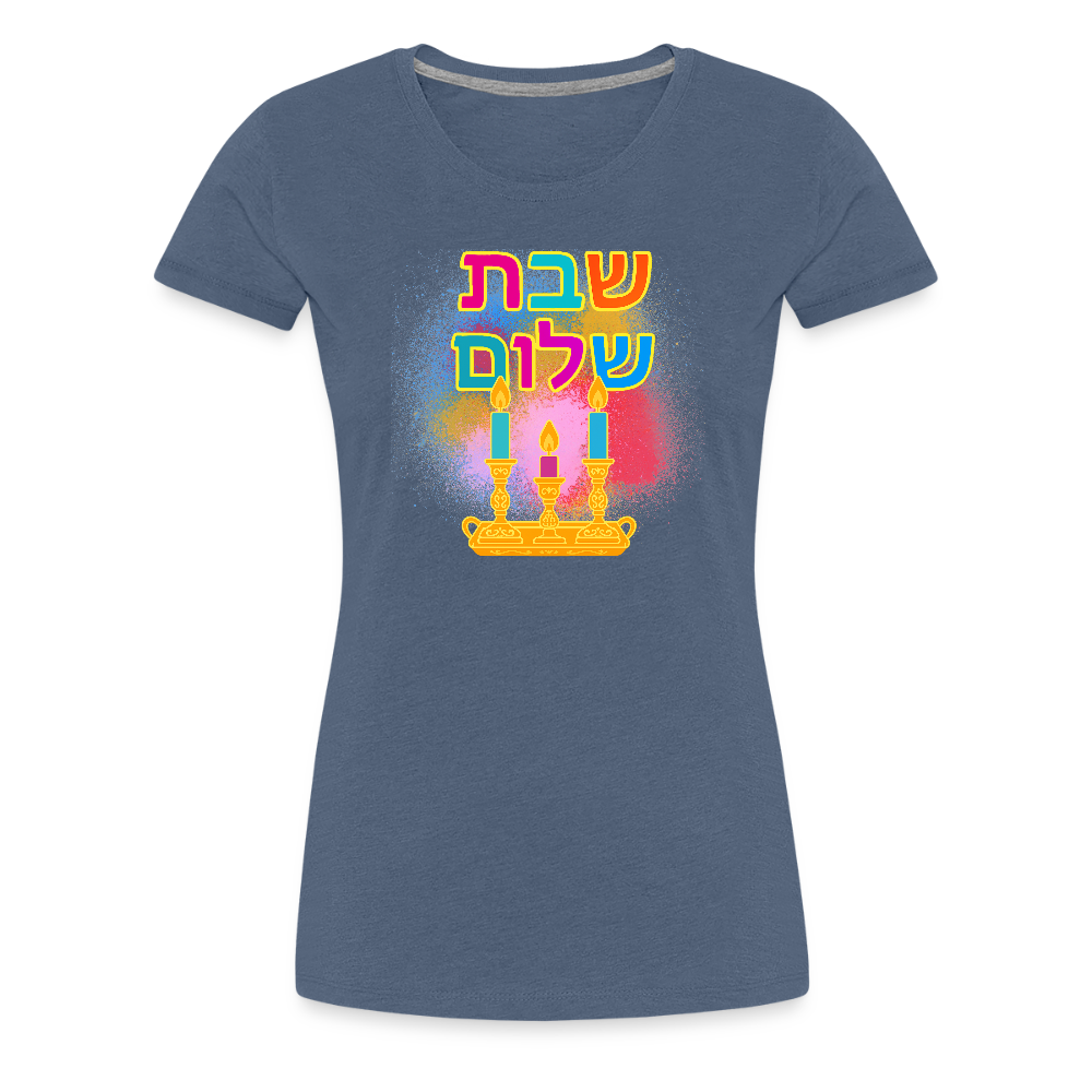 Shabbat Shalom Neon Hebrew Art Women’s Premium T-Shirt - heather blue