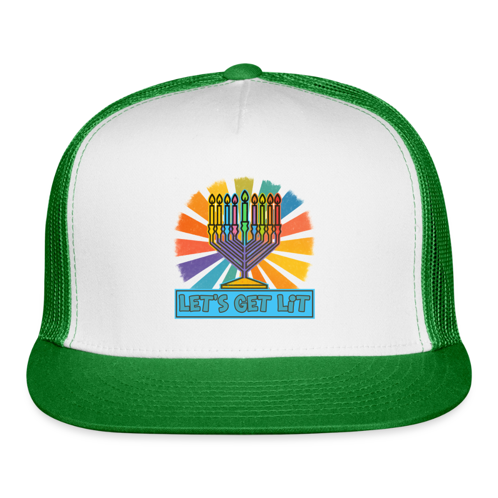 Radiant Retro “Let’s Get Lit” Menorah Trucker Hat - white/kelly green
