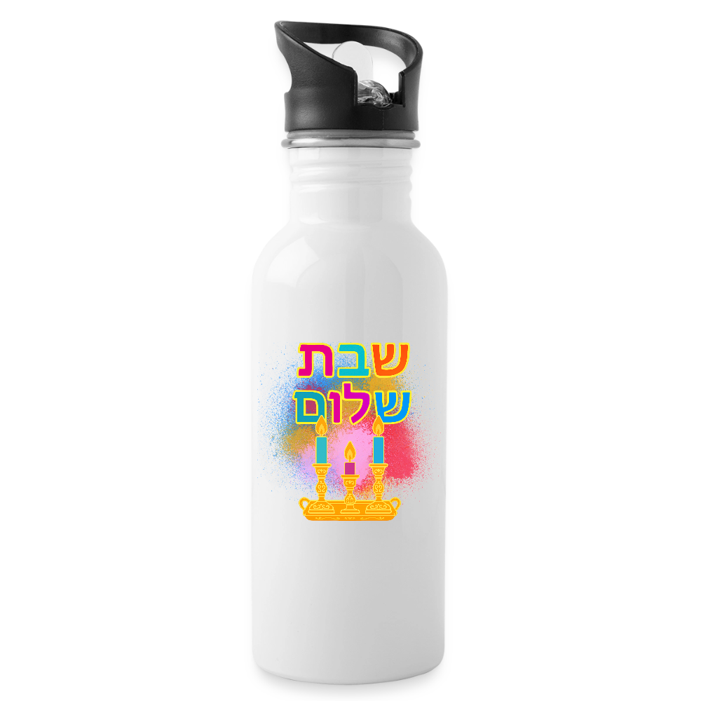Shabbat Shalom Neon Hebrew Art Water Bottle - white