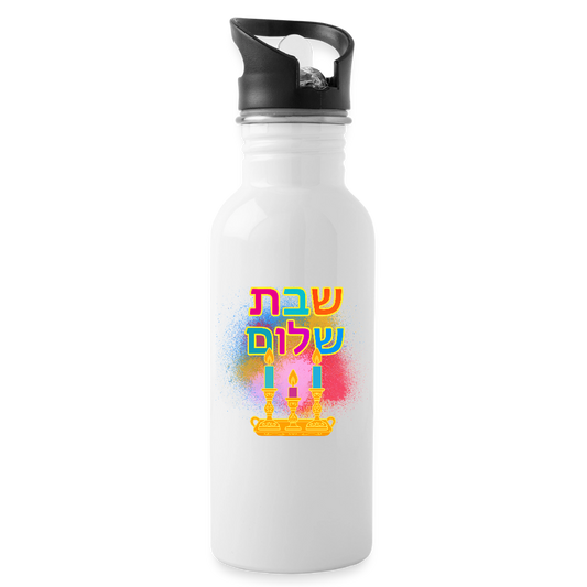 Shabbat Shalom Neon Hebrew Art Water Bottle - white