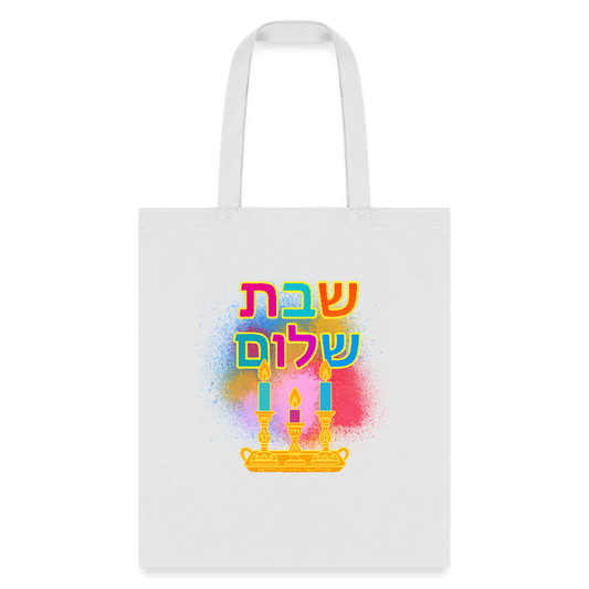 Shabbat Shalom Neon Hebrew Art Tote Bag - white