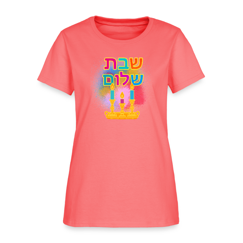 Shabbat Shalom Neon Hebrew Art Women's T-Shirt - coral