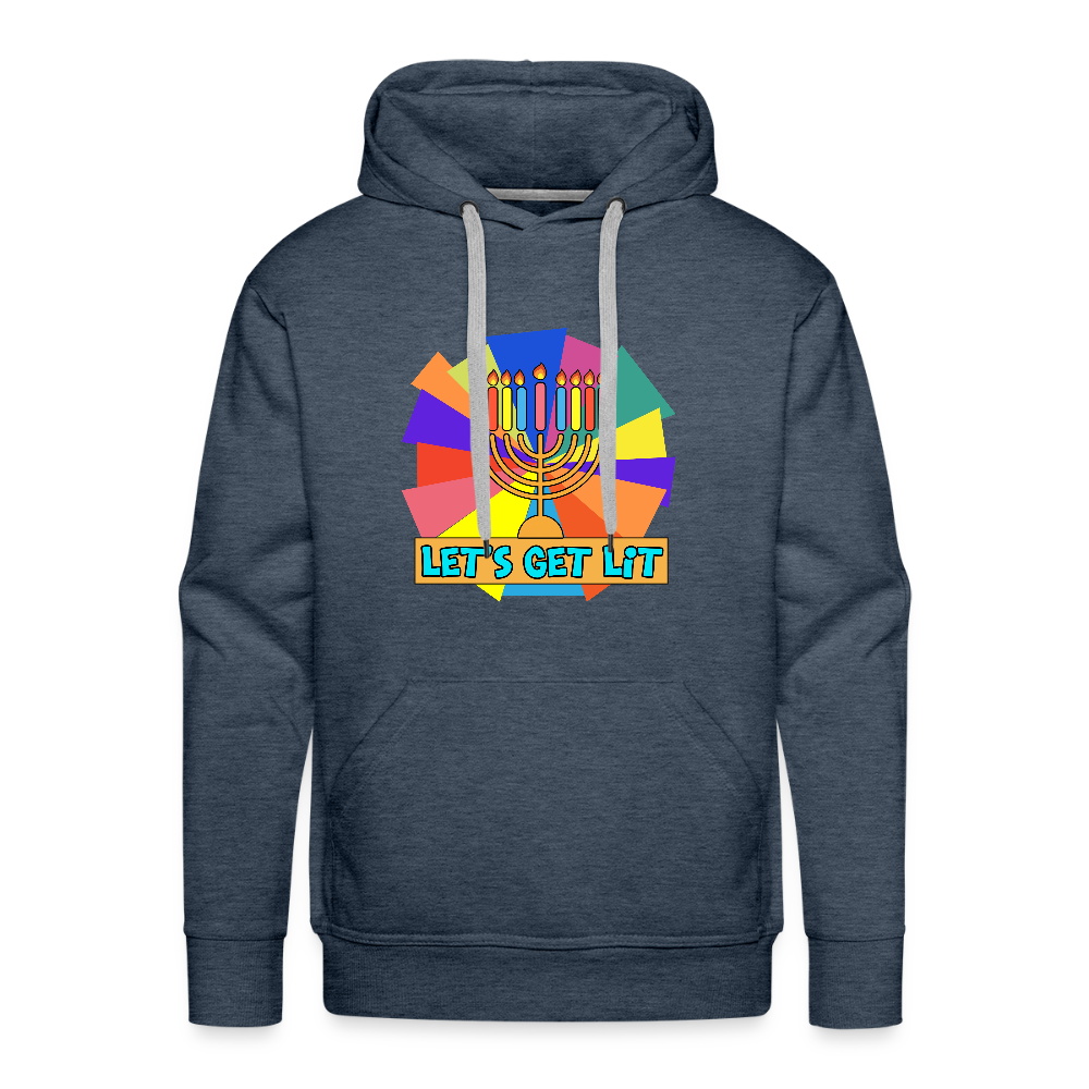 Glow & Get Lit Chanukah Menorah Men’s Premium Hoodie - heather denim