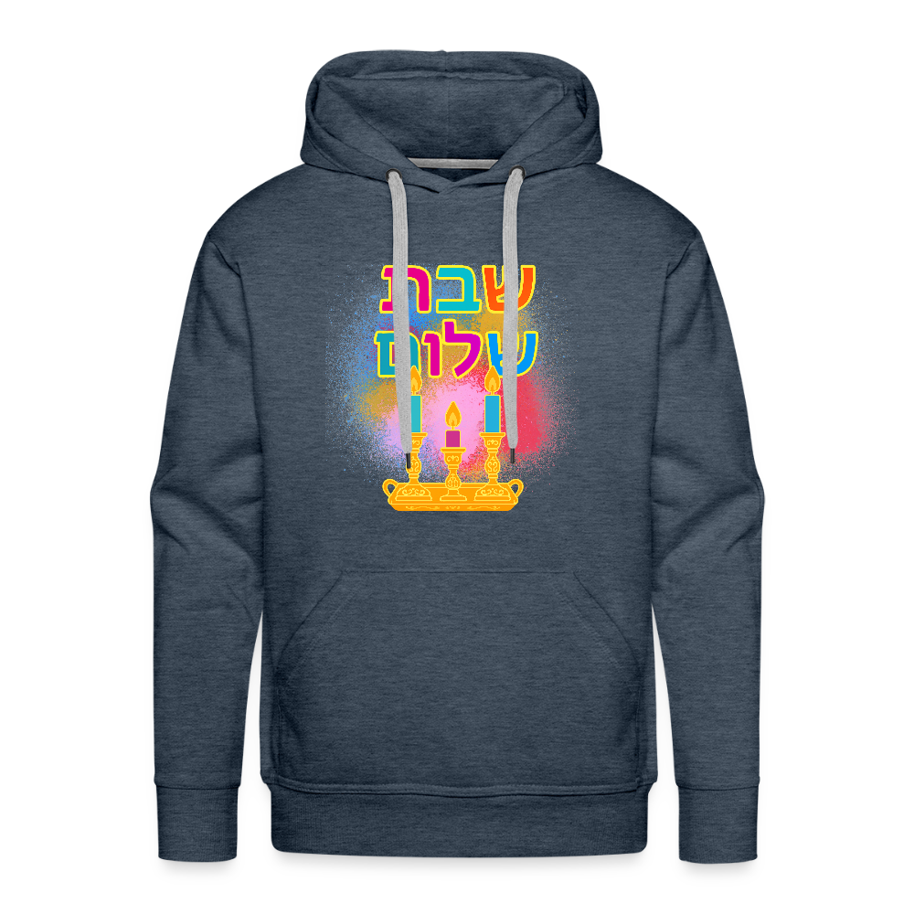 Shabbat Shalom Neon Hebrew Art Men’s Premium Hoodie - heather denim