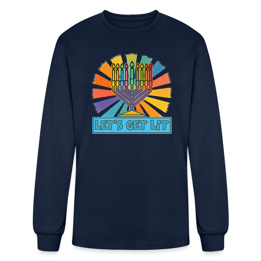 Radiant Retro Let's Get Lit Menorah Men's Long Sleeve T-Shirt - navy