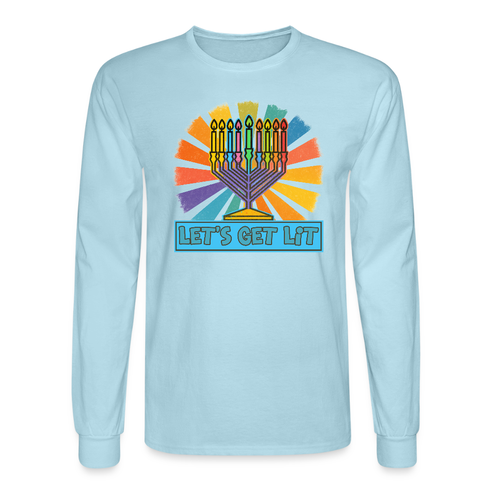 Radiant Retro Let's Get Lit Menorah Men's Long Sleeve T-Shirt - powder blue