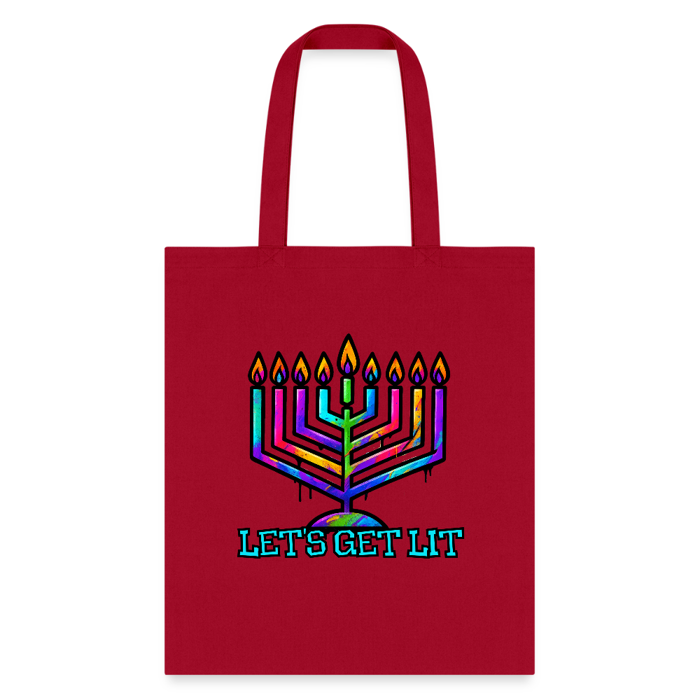 Let's Get Lit Chabad Menorah Tote Bag - red