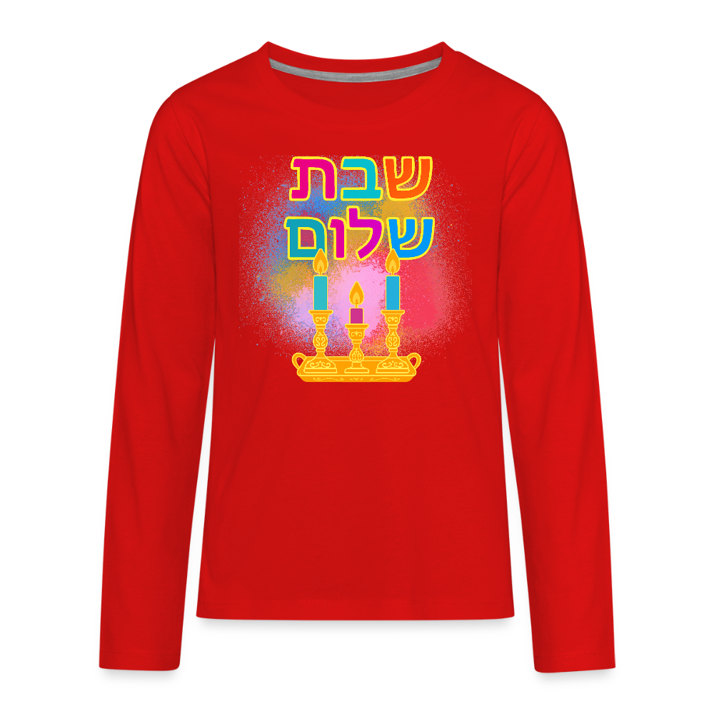 Shabbat Shalom Neon Hebrew Art Kids' Premium Long Sleeve T-Shirt - red