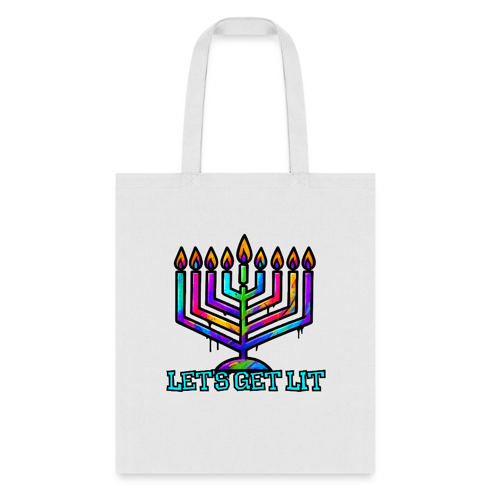 Let's Get Lit Chabad Menorah Tote Bag - white
