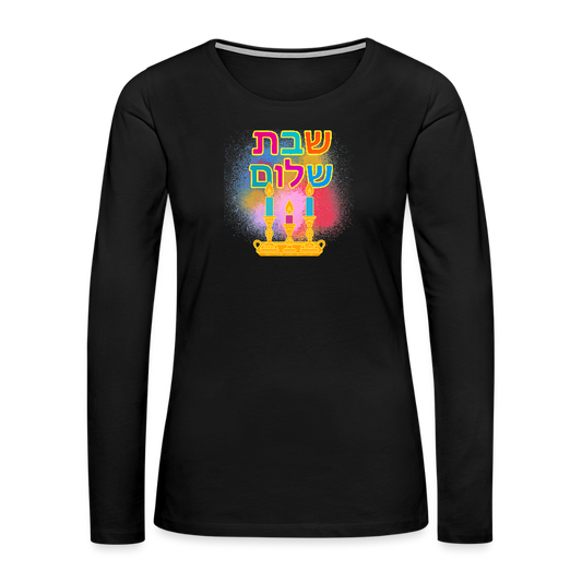 Shabbat Shalom Neon Hebrew Art Women's Premium Long Sleeve T-Shirt - black