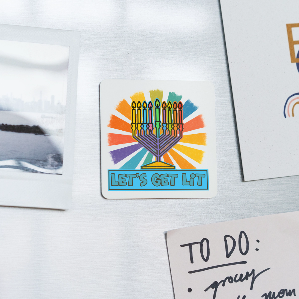 Radiant Retro “Let’s Get Lit” Menorah Menorah Square Magnet - white