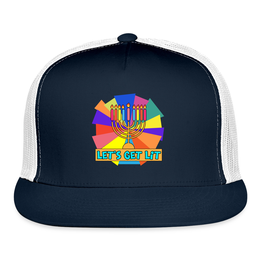 Glow & Get Lit Chanukah Menorah Trucker Hat - navy/white