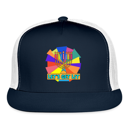 Glow & Get Lit Chanukah Menorah Trucker Hat - navy/white