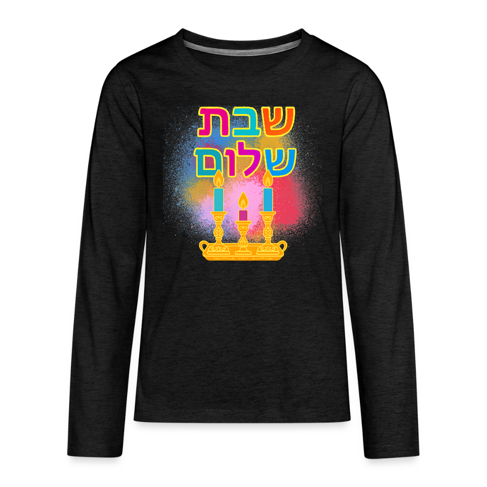 Shabbat Shalom Neon Hebrew Art Kids' Premium Long Sleeve T-Shirt - charcoal grey
