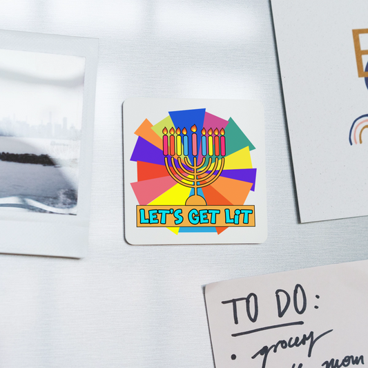Glow & Get Lit Chanukah Menorah Square Magnet - white