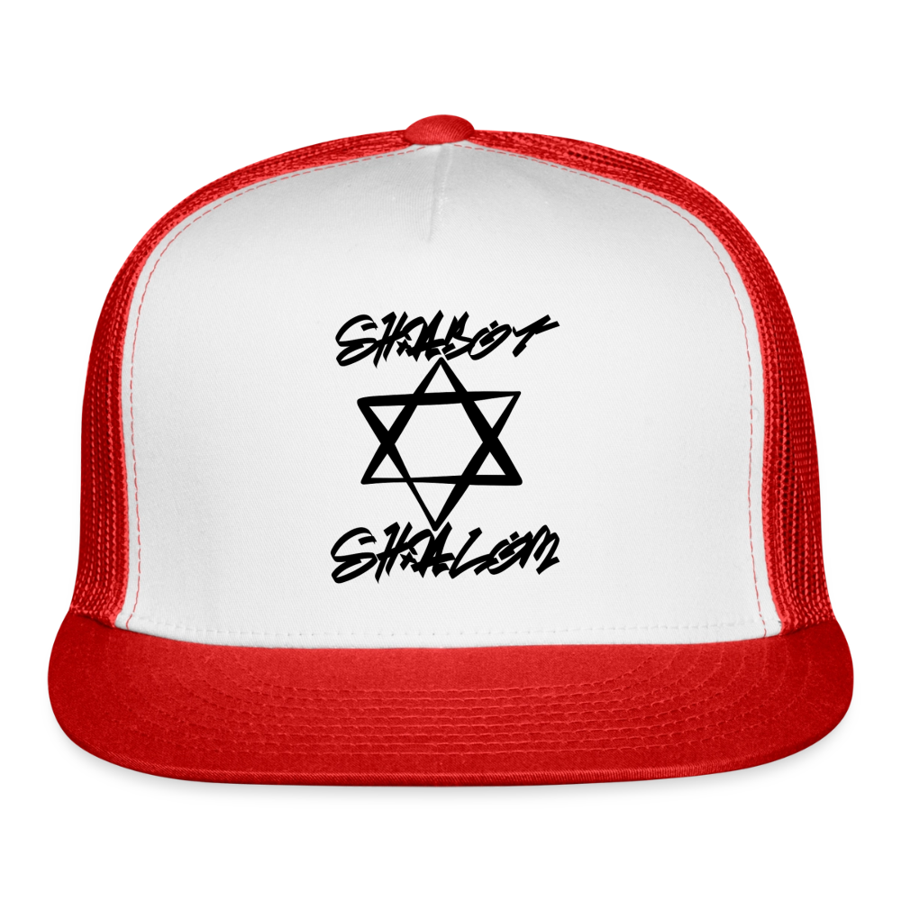 Shabbat Shalom Graffiti Star Trucker Hat - white/red