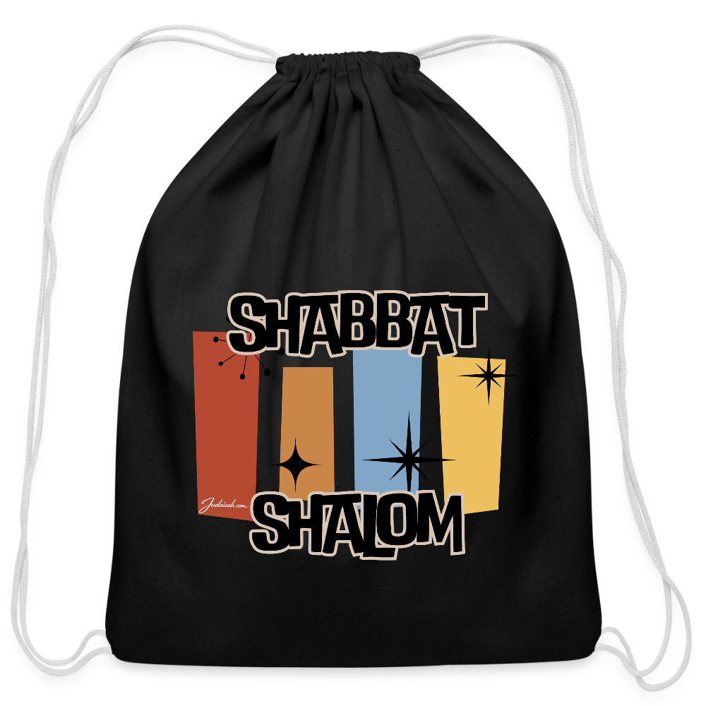 Retro Shabbat Cotton Drawstring Bag - black