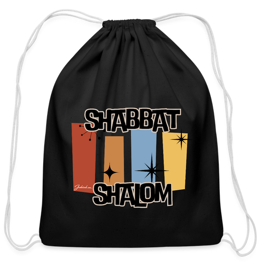 Retro Shabbat Cotton Drawstring Bag - black