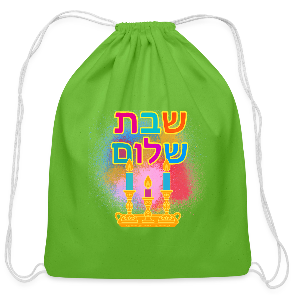 Shabbat Shalom Neon Hebrew Art Cotton Drawstring Bag - clover