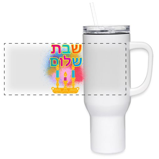 Shabbat Shalom Neon Hebrew Art 40 oz Travel Tumbler - white