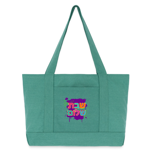 Shabbat Shalom Neon Pop Cotton Pigment Dyed Tote Bag - mermaid green