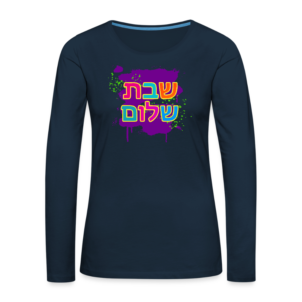Shabbat Shalom Neon Pop Women's Premium Long Sleeve T-Shirt - deep navy