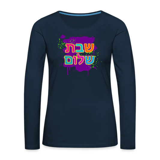 Shabbat Shalom Neon Pop Women's Premium Long Sleeve T-Shirt - deep navy