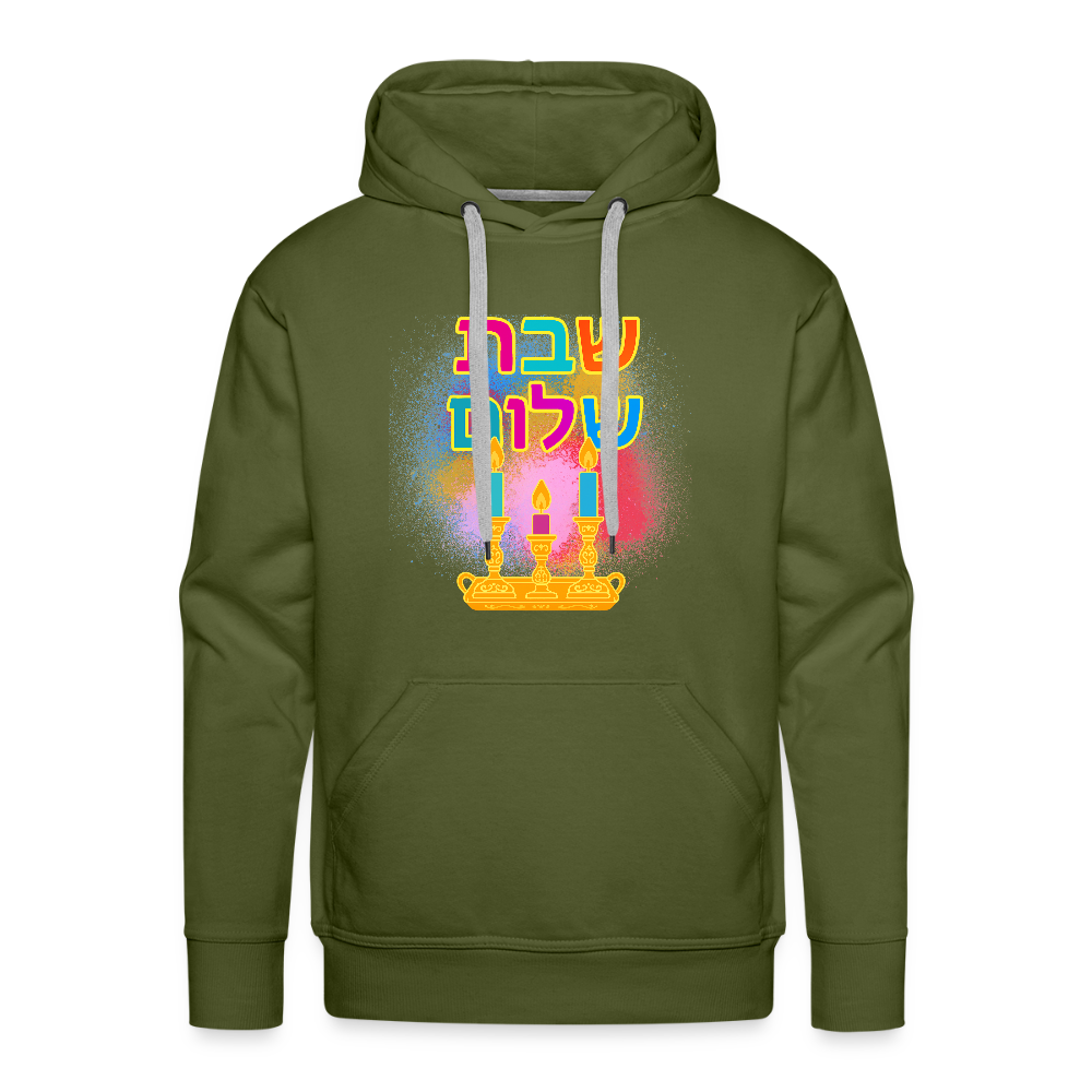 Shabbat Shalom Neon Hebrew Art Men’s Premium Hoodie - olive green