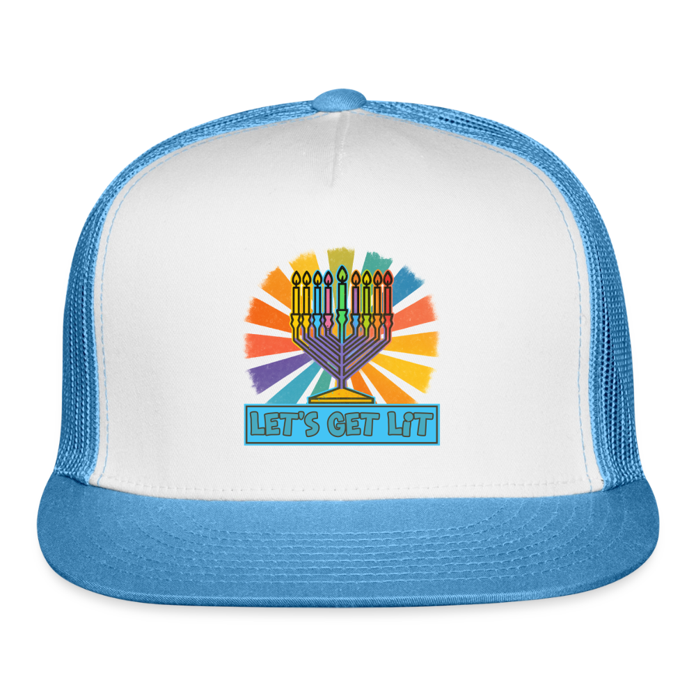 Radiant Retro “Let’s Get Lit” Menorah Trucker Hat - white/blue