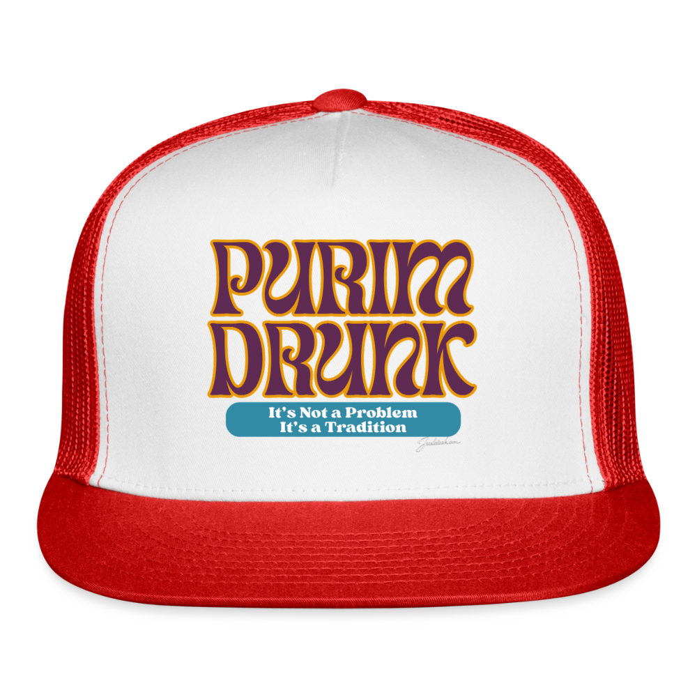 Purim Drunk Trucker Hat - white/red