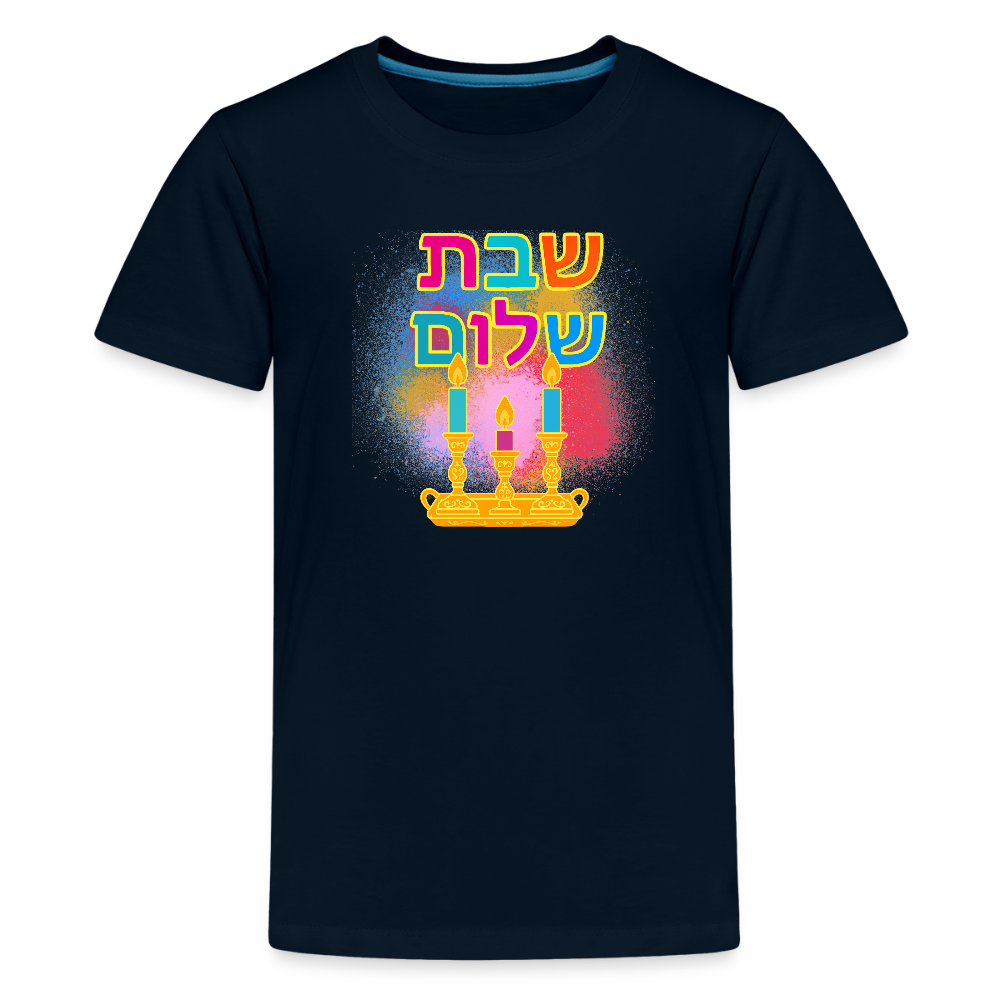 Shabbat Shalom Neon Hebrew Art Kids' Premium T-Shirt - deep navy