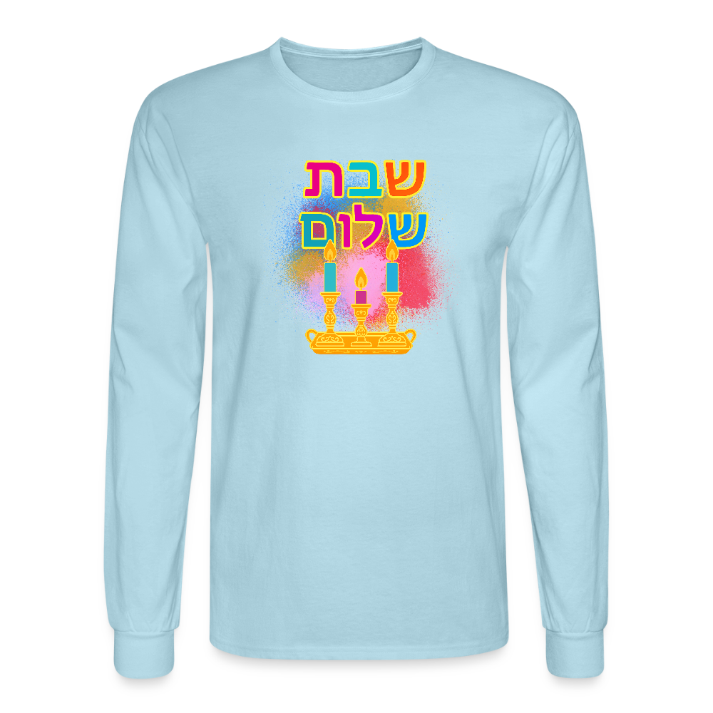 Shabbat Shalom Neon Hebrew Art Men's Long Sleeve T-Shirt - powder blue