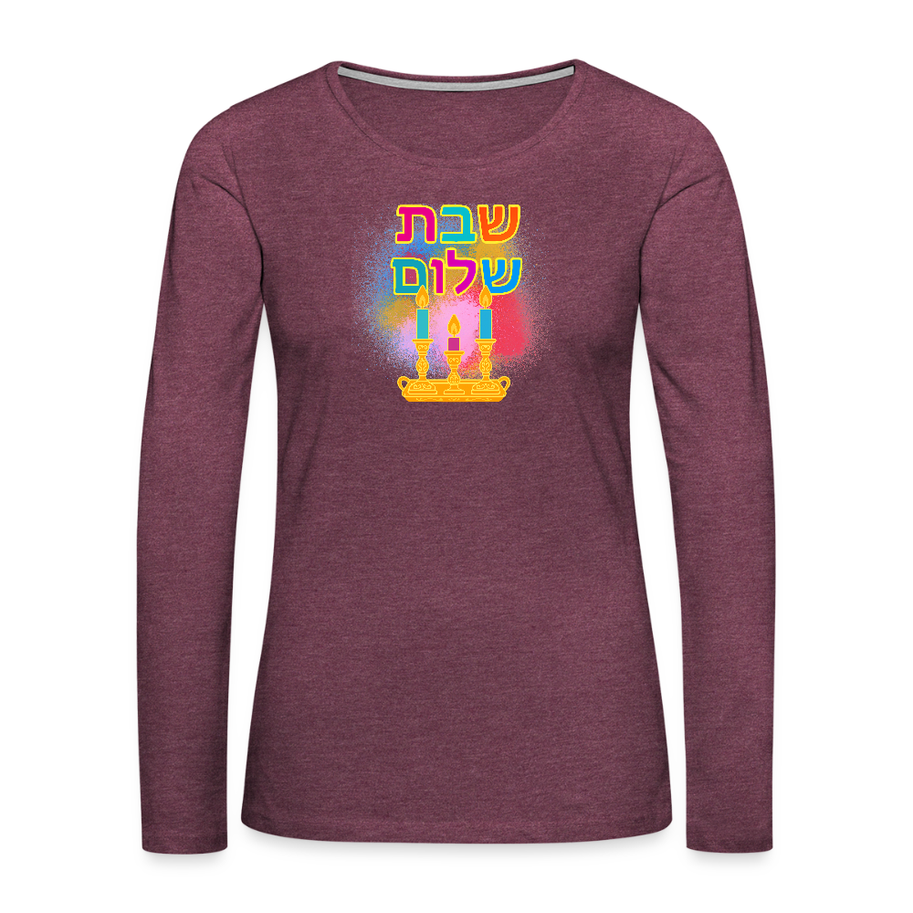 Shabbat Shalom Neon Hebrew Art Women's Premium Long Sleeve T-Shirt - heather burgundy