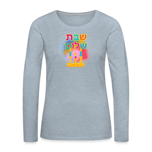 Shabbat Shalom Neon Hebrew Art Women's Premium Long Sleeve T-Shirt - heather ice blue