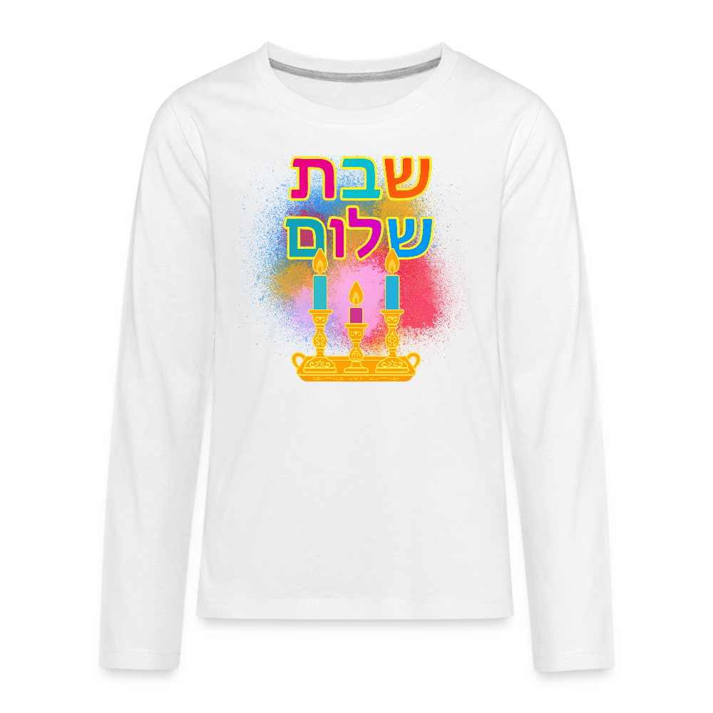 Shabbat Shalom Neon Hebrew Art Kids' Premium Long Sleeve T-Shirt - white
