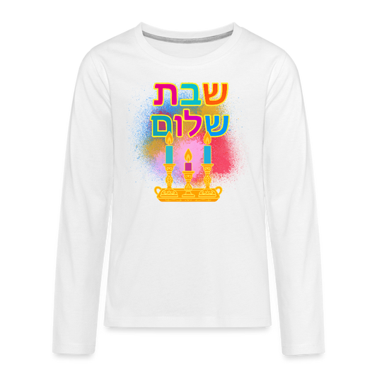 Shabbat Shalom Neon Hebrew Art Kids' Premium Long Sleeve T-Shirt - white