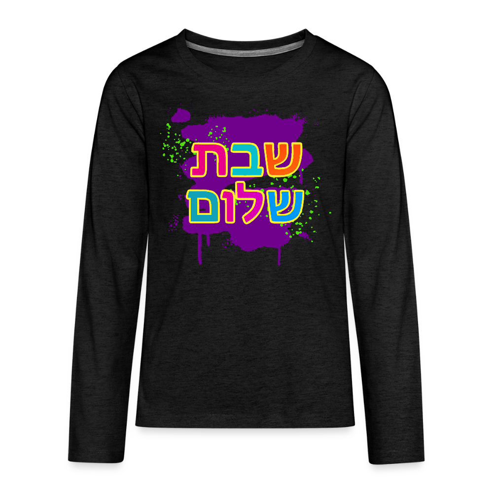 Shabbat Shalom Neon Pop Kids' Premium Long Sleeve T-Shirt - charcoal grey
