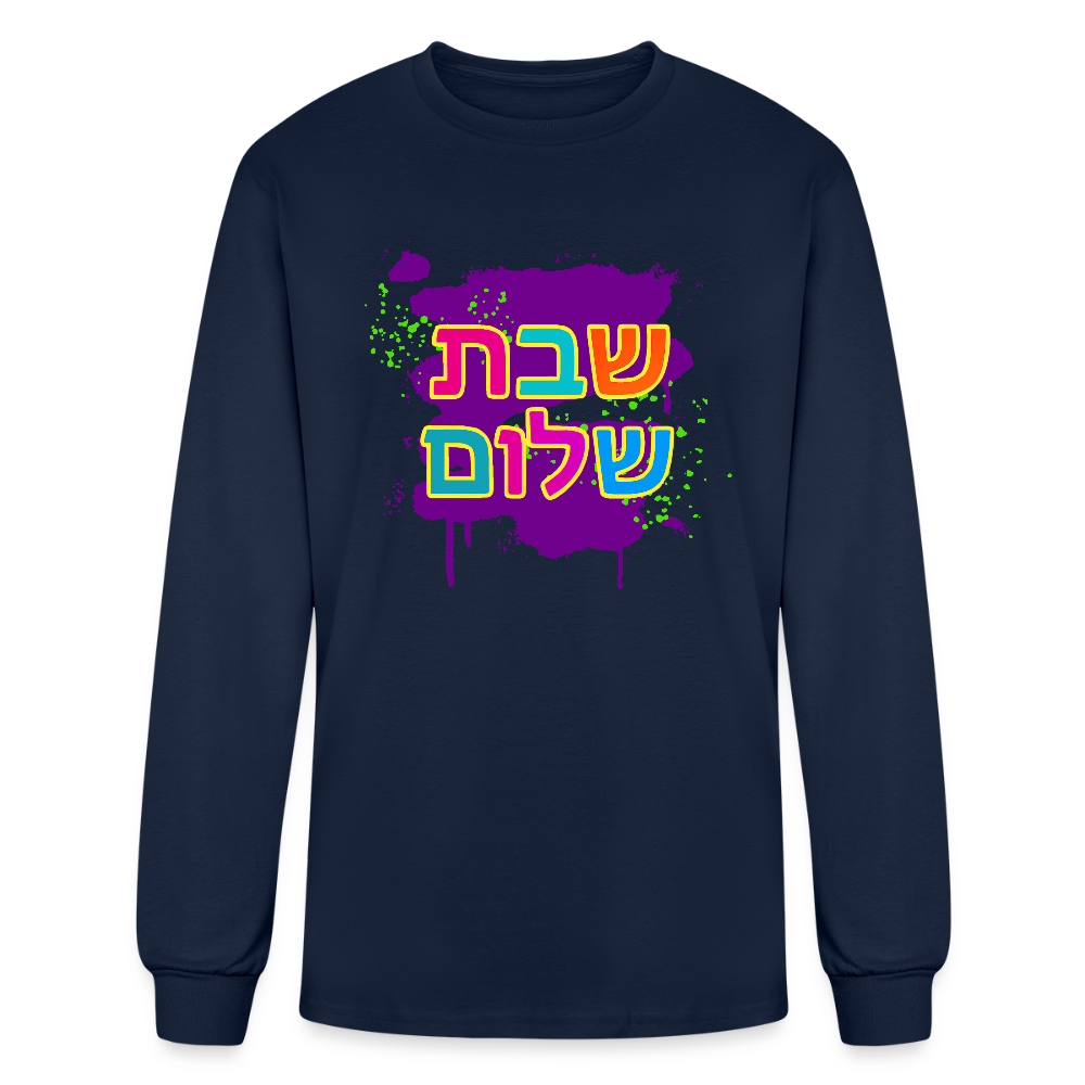 Shabbat Shalom Neon Pop Men's Long Sleeve T-Shirt - navy