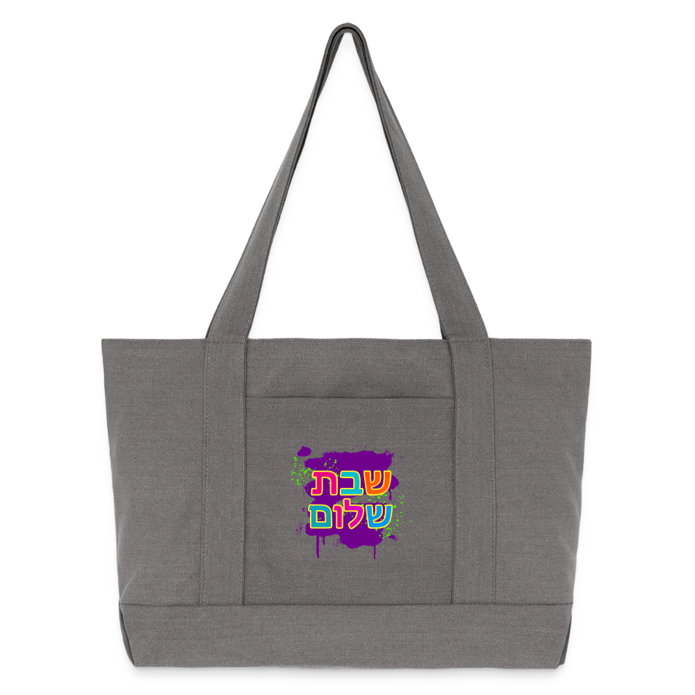Shabbat Shalom Neon Pop Cotton Pigment Dyed Tote Bag - charcoal grey