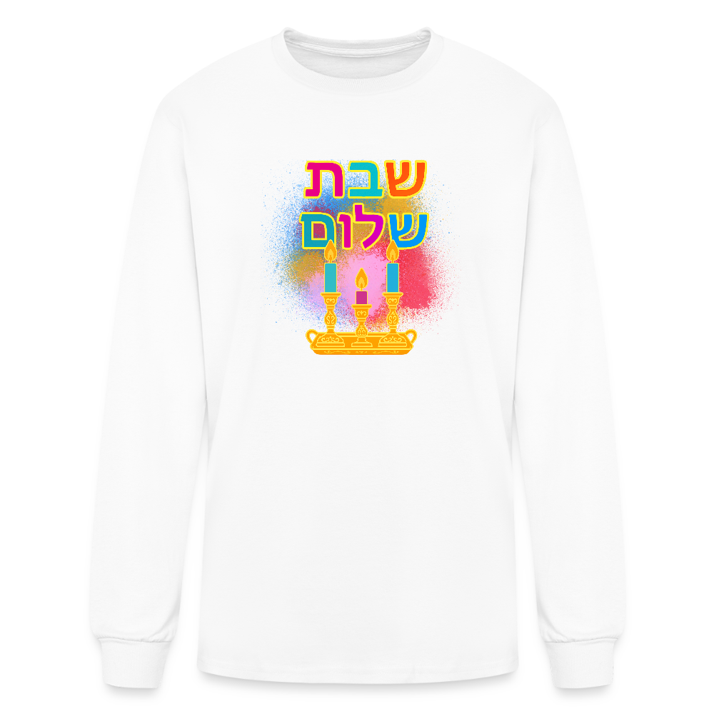 Shabbat Shalom Neon Hebrew Art Men's Long Sleeve T-Shirt - white