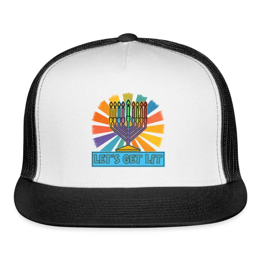 Radiant Retro “Let’s Get Lit” Menorah Trucker Hat - white/black