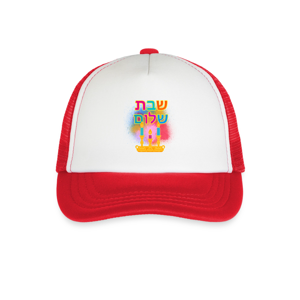 Shabbat Shalom Neon Hebrew Art Kid's Trucker Cap - white/red
