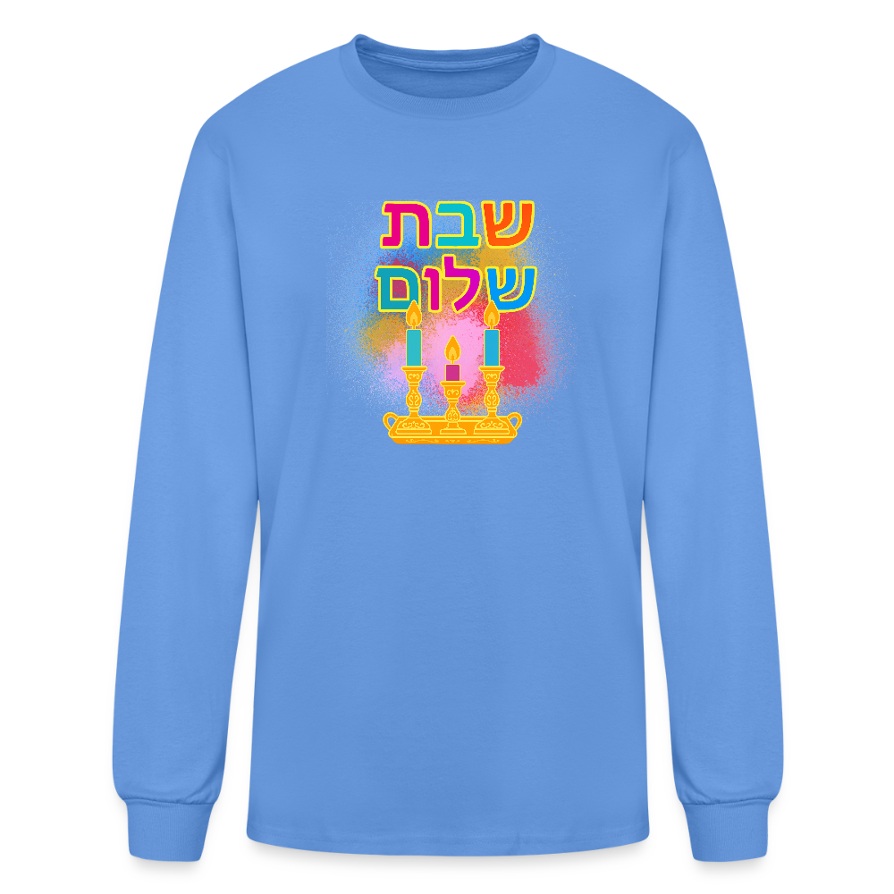 Shabbat Shalom Neon Hebrew Art Men's Long Sleeve T-Shirt - carolina blue