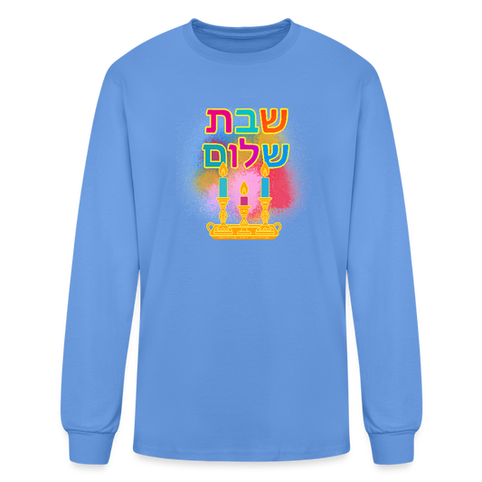 Shabbat Shalom Neon Hebrew Art Men's Long Sleeve T-Shirt - carolina blue
