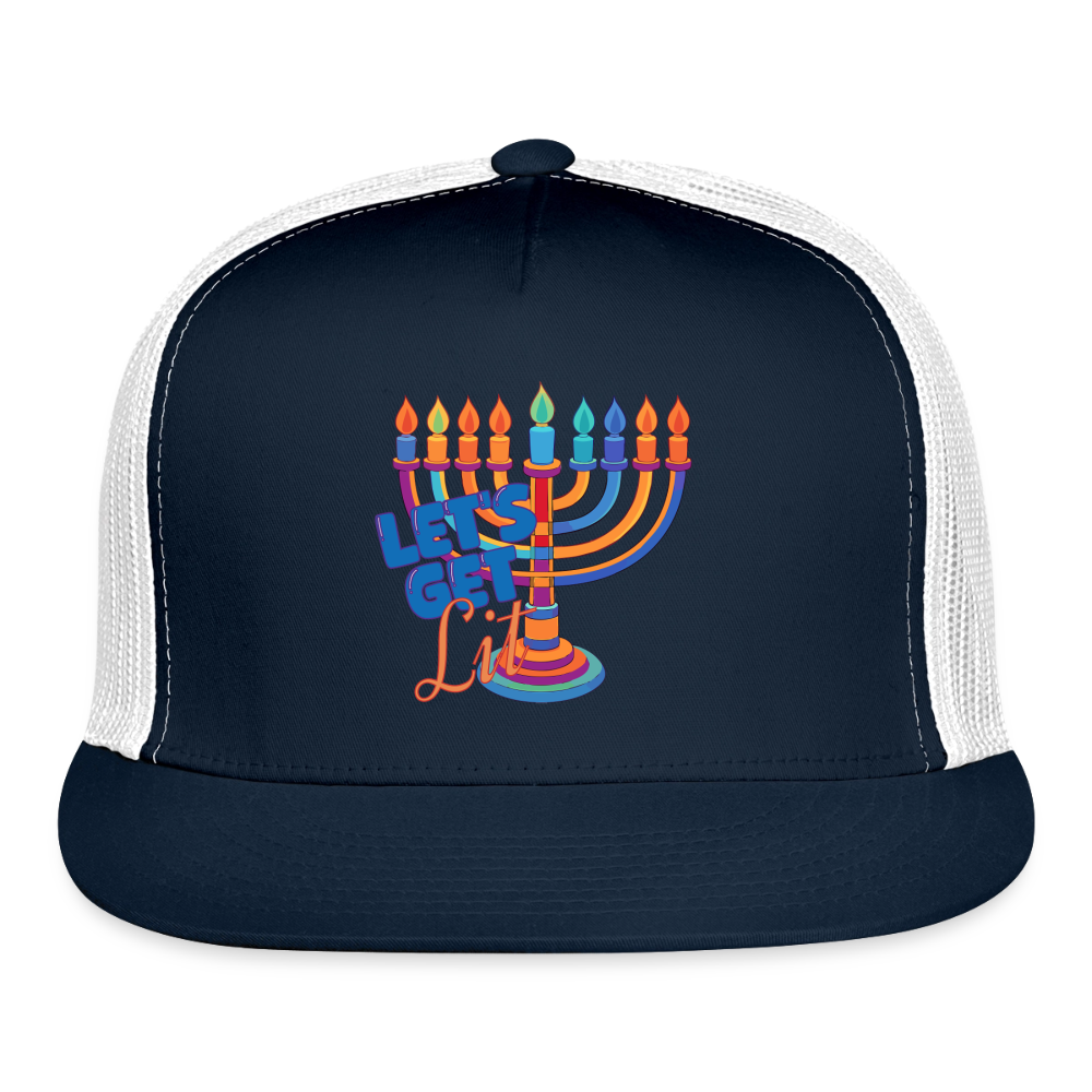 Let’s Get Lit Menorah Trucker Hat - navy/white