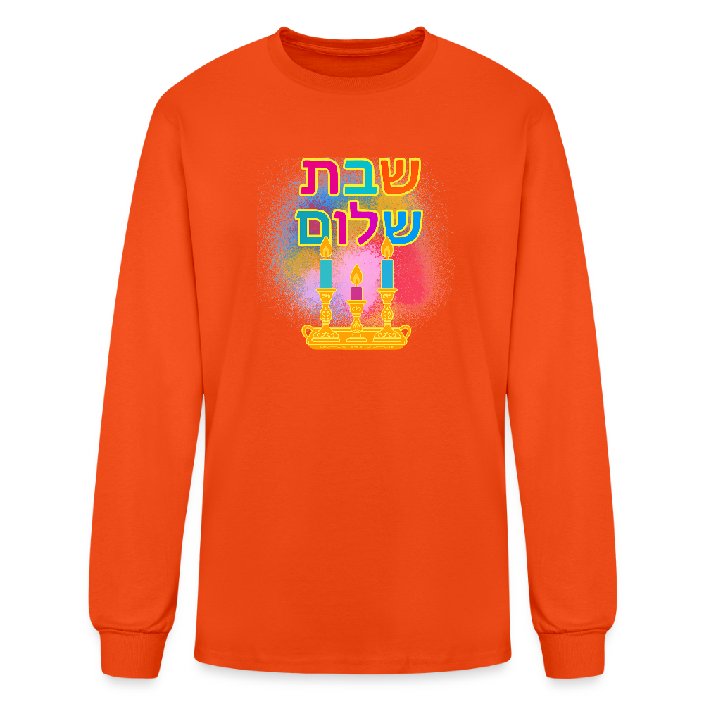 Shabbat Shalom Neon Hebrew Art Men's Long Sleeve T-Shirt - orange