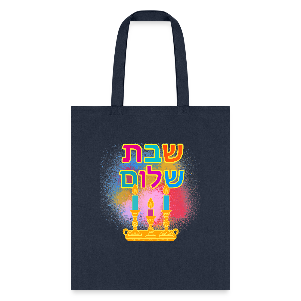 Shabbat Shalom Neon Hebrew Art Tote Bag - navy