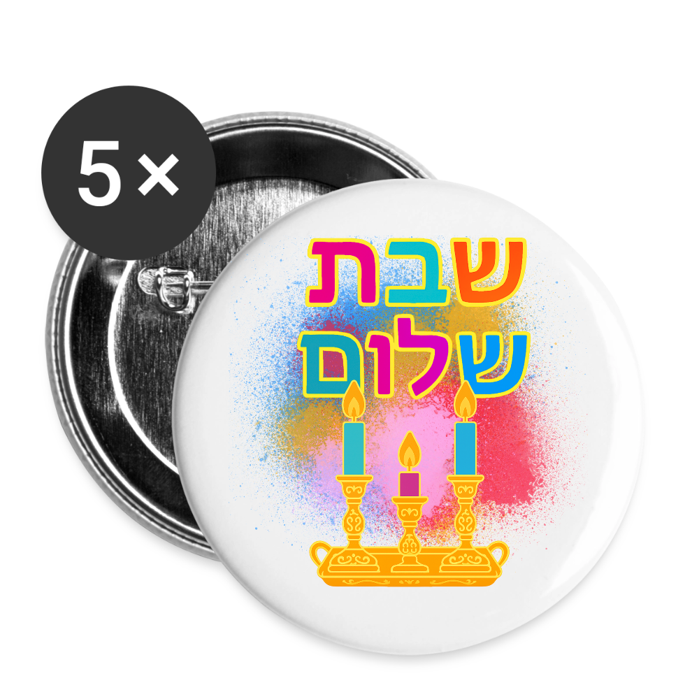 Shabbat Shalom Neon Hebrew Art Buttons large 2.2'' (5-pack) - white