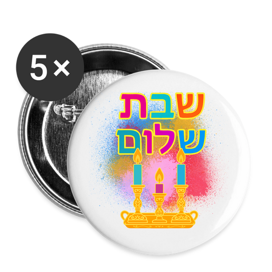 Shabbat Shalom Neon Hebrew Art Buttons large 2.2'' (5-pack) - white
