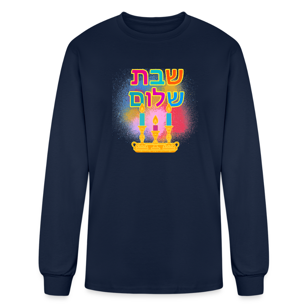 Shabbat Shalom Neon Hebrew Art Men's Long Sleeve T-Shirt - navy